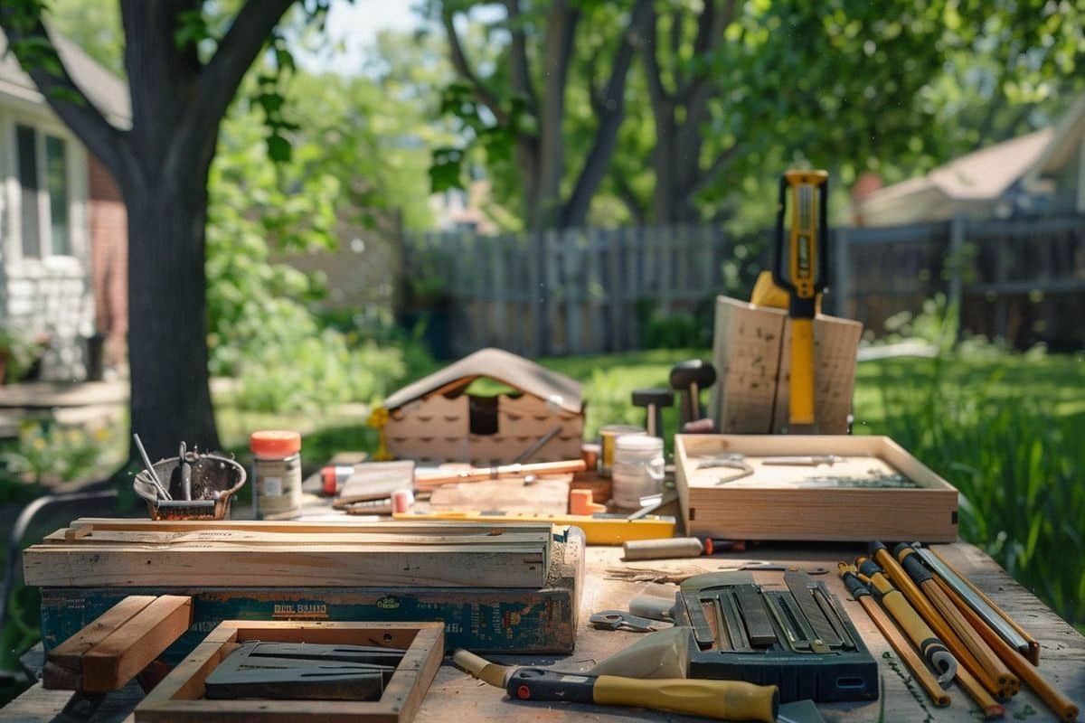Tools and materials organized in a sunny backyard for building bat houses.