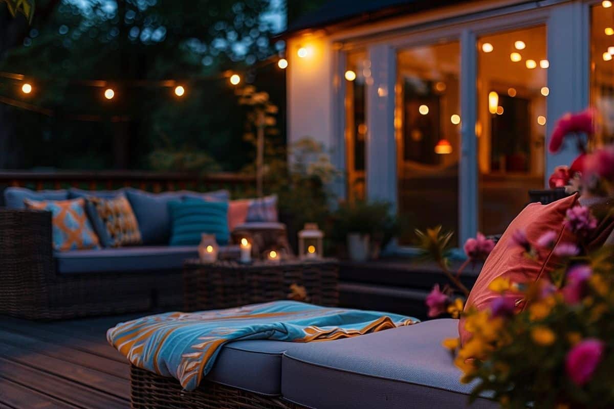 Outdoor patio with string lights and colorful cushions set for a cozy backyard gathering.