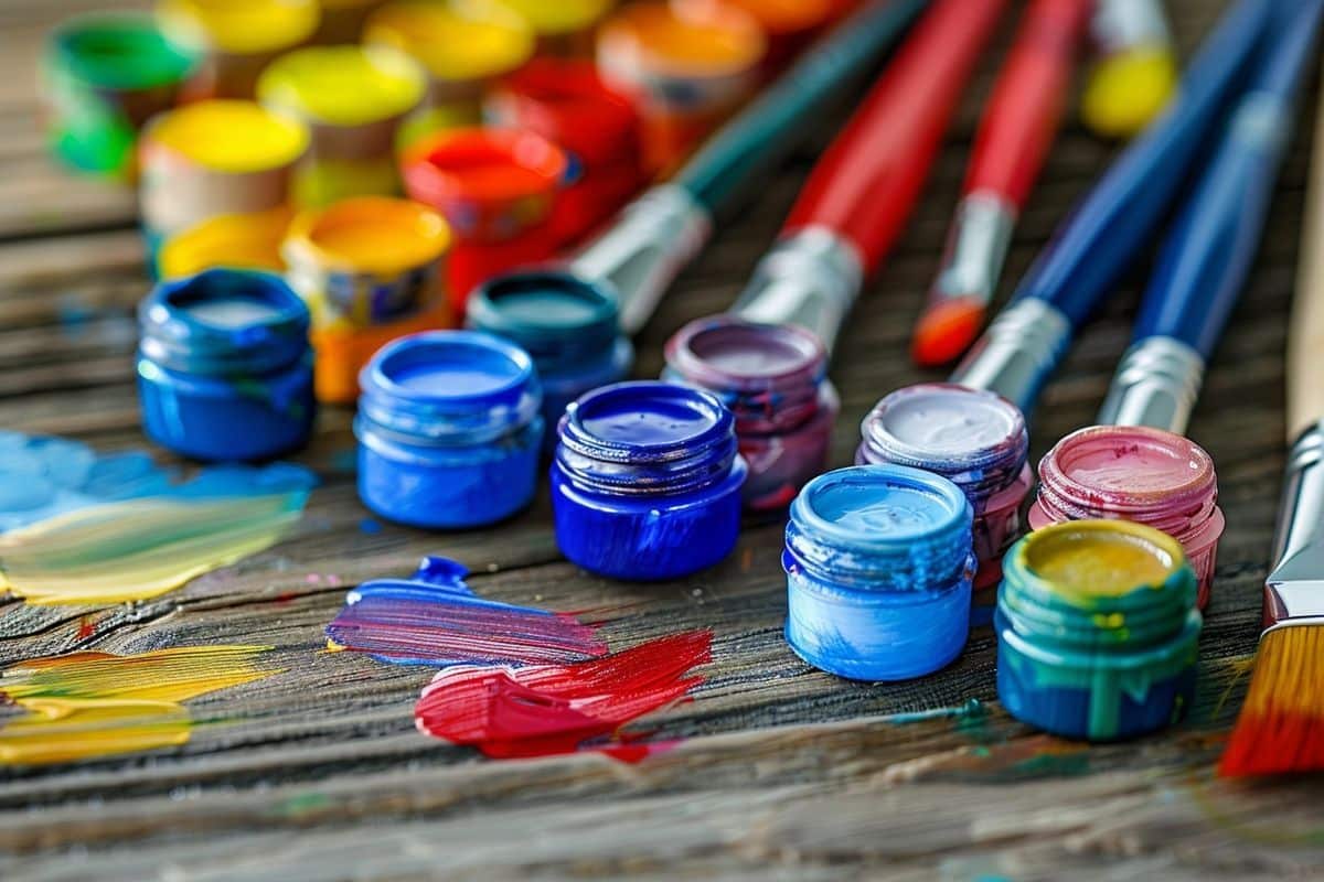 Detailed closeup of an acrylic painting kit with vibrant colors and brushes on a wooden tabletop.